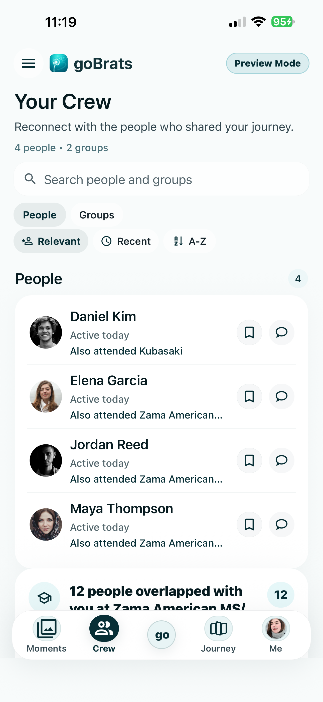goBrats Crew screen showing people and groups from your trail