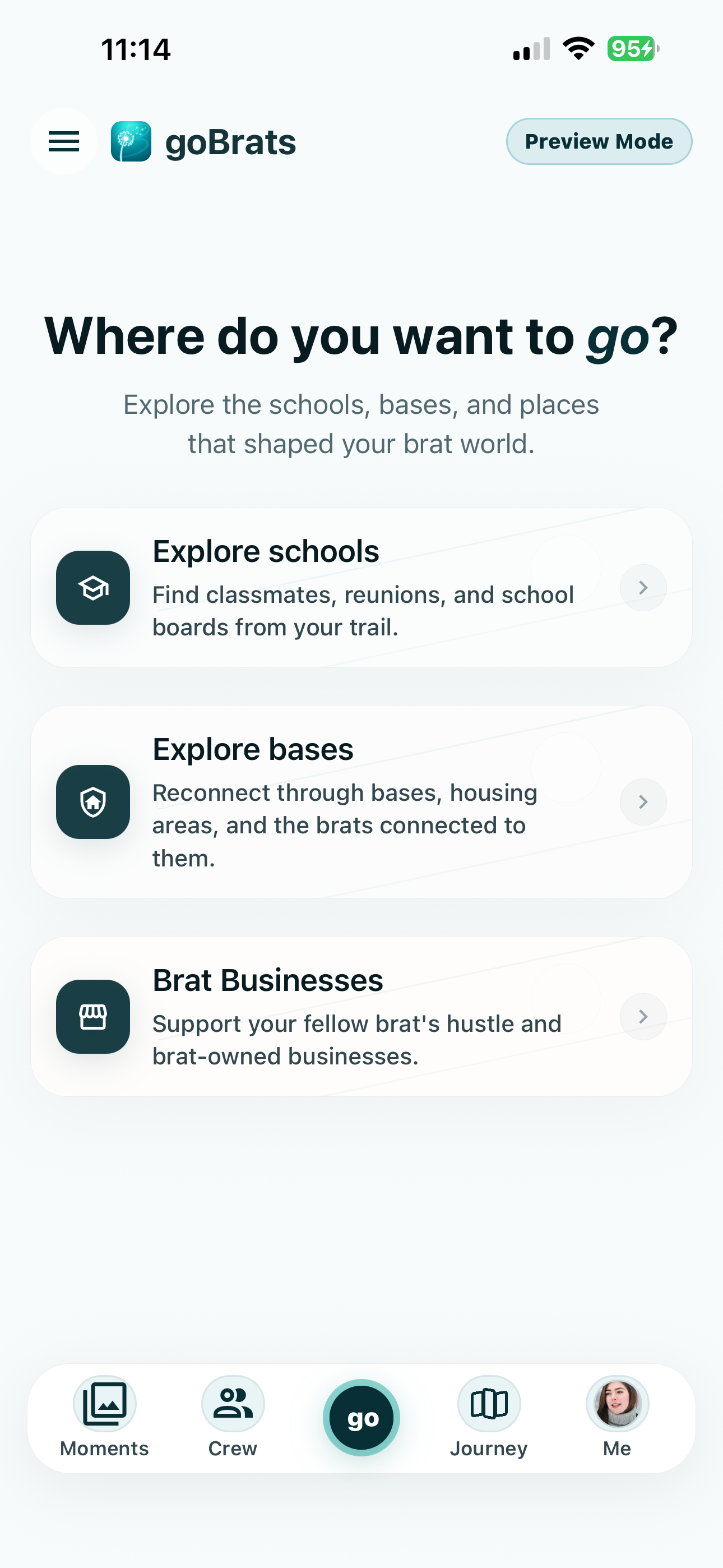 goBrats Go screen showing school, base, and brat business discovery paths