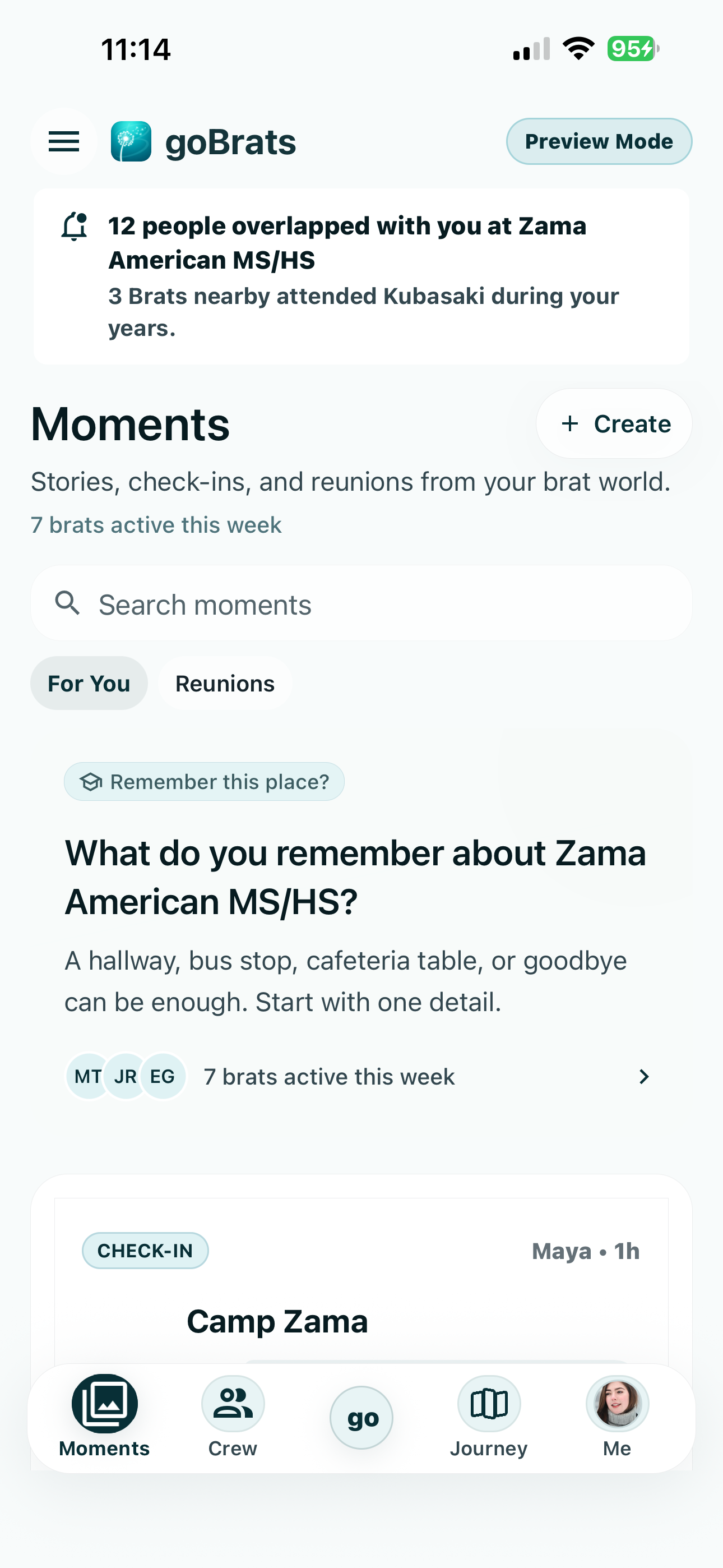 goBrats Moments screen showing community check-ins and stories
